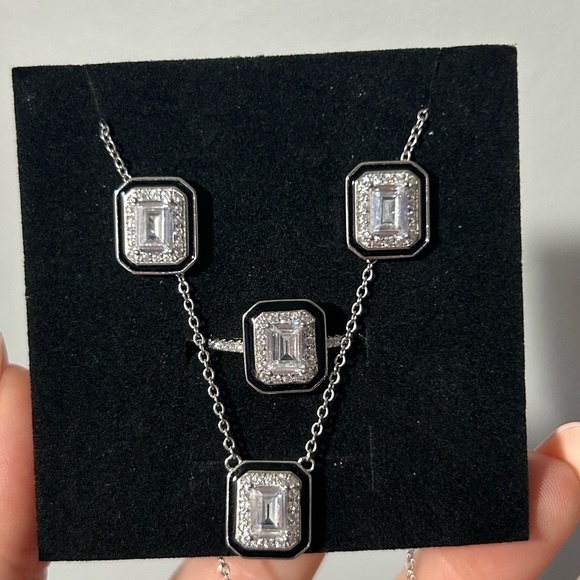 S925 Sterling Silver Black Enamel Square Cubic Zirconia Ring Statement Piece - Picture 12 of 12